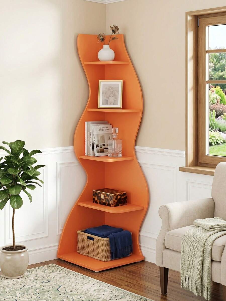 70-Inch Five-Layer Corner Bookshelf, Book Corner, Corner Display Cabinet, Room Decoration Shelf, Bedroom Decoration Shelf, Suitable For Living Room, Study And Bedroom, Easy To Install, Indoor Plant Stand, Modern And Simple Style - 橘色 - 查看 1