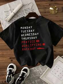 2026 Women's-Shirt Casual Round Neck Black White Options Days Of Week Racing Theme Print Graphic Tee Daily Wear Shirts Summer Tops Graphic Tees Summer Outfits Women Graphic Tees Women Crop Tops Tops Women Vintage Cotton Cute Clothes Women Blusas Para Mujer Casual - Negro - Ver 3
