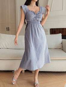 Vestido midi de mujer con mangas cortas y estampado elegante, vestidos de verano para mujeres - Azul - Ver 3