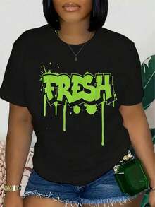 Men's Cool Graffiti Graphic T-Shirt - 100% Cotton, Black With Neon Green Lettering Design, Casual Crew Neck T-Shirt For Casual Wear - 白色 - 查看 6