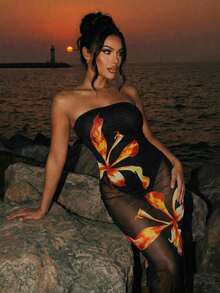 Vestido ajustado con abertura sexy y estampado de posicionamiento de moda de verano europea y americana para mujeres - Multicolor - Ver 5