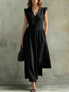 Vestido Sin Mangas Mujer Primavera Verano 2026, Cuello V con Bordes con Volantes en Tela Algodón Lino Estilo Casual - Negro - Ver 3