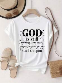Women's Casual Blouse, Simple Style For Everyday Wear, Pink T-Shirt With The Inspirational Print "God Is Still Writing Your Story" -- Casual Round Neck Design, Breathable And Comfortable, Suitable For Daily Wear, An Ideal Choice For Summer Parties.| Inspirational Print| Comfortable Fit, Soft And Cozy, Simple For Everyday Wear, Short Sleeve T-Shirt. - 白色 - 查看 7