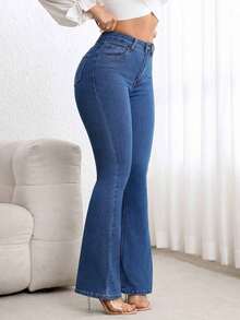 Jeans de mezclilla casual con bolsillo frontal y cierre de botones, para uso diario - Azul lavado medio 2 - Ver 3
