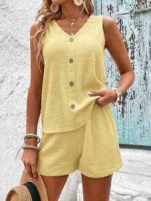 LUNE Conjunto De Camiseta Sin Mangas Y Pantalones Cortos De Color Sólido Para Mujer Con Cuello En V - amarillo ganso - Ver 6