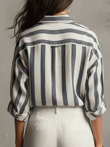 Women's Regular Length Vertical Striped Shirt, Collar Long Sleeve - Blue and White - View 2
