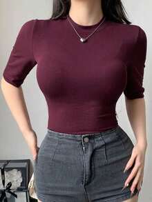 Camiseta casual de verano para mujer con cuello alto, manga corta, ajustada y envolvente, de uso versátil, ropa de vuelta al colegio - Burdeos 2 - Ver 5