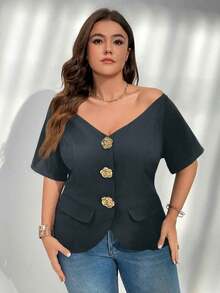 delgada de estilo elegante con botones metálicos, hombros descubiertos y ajuste ceñido, ideal para uso diario, oficina, graduación, regreso a clases y atuendos de maestras en primavera/verano y otoño/invierno para mujeres de talla grande - Gris Oscuro - Ver 1