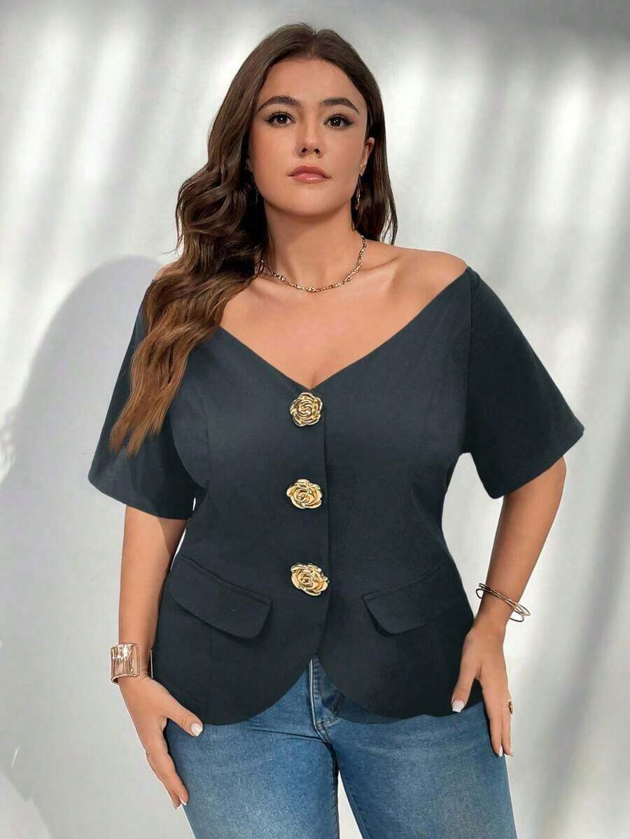 delgada de estilo elegante con botones metálicos, hombros descubiertos y ajuste ceñido, ideal para uso diario, oficina, graduación, regreso a clases y atuendos de maestras en primavera/verano y otoño/invierno para mujeres de talla grande - Gris Oscuro - Ver 1