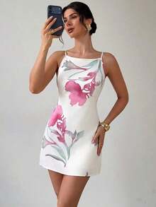 Vestido casual de mujer con estampado floral amarillo, tirantes finos y espalda descubierta, vestido suelto de estilo hawaiano para vacaciones, vestidos de verano amarillo mantequilla para mujeres - Beis - Ver 6