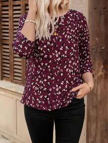 Camisa casual de mujer de manga larga y cuello redondo de unicolor - Rosa Fucsia - Ver 4