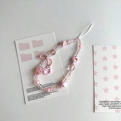 1 pieza Accesorio de teléfono con lazo de cuentas con forma de fresa rosa y gatito, llavero de lazo de dibujos animados hecho a mano, colgante de cristal CCD de cámara creativa DIY para mochila, accesorio anti-pérdida