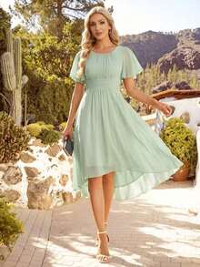 Vestido de dama de honor de gasa con pliegues y mangas con volantes, vestido de noche elegante para invitados de boda en primavera - verde menta - Ver 7