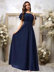 Vestido de dama de honor de gasa con volantes y mangas cortas con volantes, cuello de barco, estilo elegante para boda, color eucalipto - Azul marino - Ver 3
