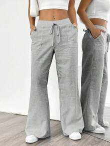 Pantalones sueltos para mujer con rayas azules de tiro bajo para vacaciones y uso informal - Negro - Ver 4