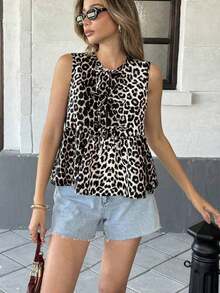 ajustada sin mangas con cuello redondo, cordón y estampado de leopardo plisado, de uso versátil y casual para mujeres - Multicolor - Ver 5