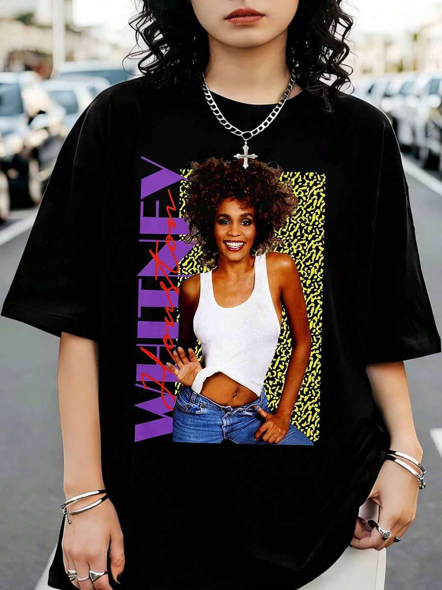Oversized Black T-Shirt With 80s Print W-WhitneyS H-HoustonS - Black - View 1