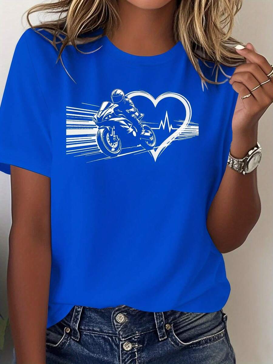 Women's T-Shirt With Heartbeat Design For Motorcycle Lovers - Blue - View 1