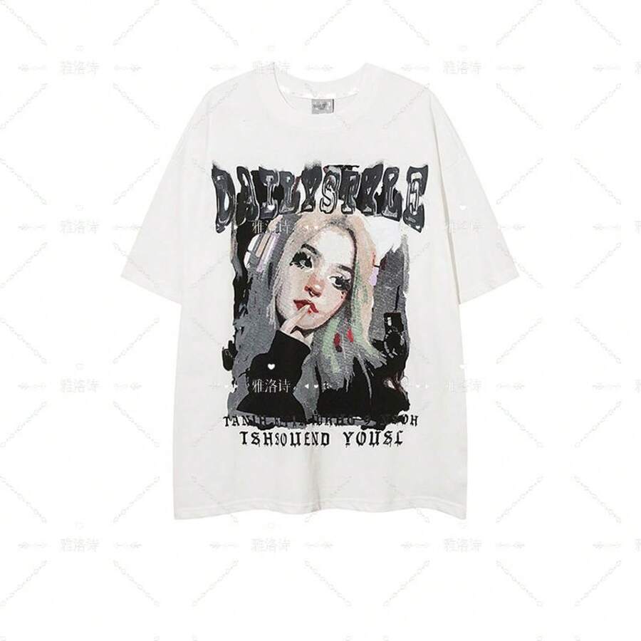Thick Cotton Short-Sleeved T-Shirt With Anime Character Print, European And American Street Style, For Men And Women, Basic Short-Sleeved T-Shirt For Couples In Summer. - 黑色 - 查看 1
