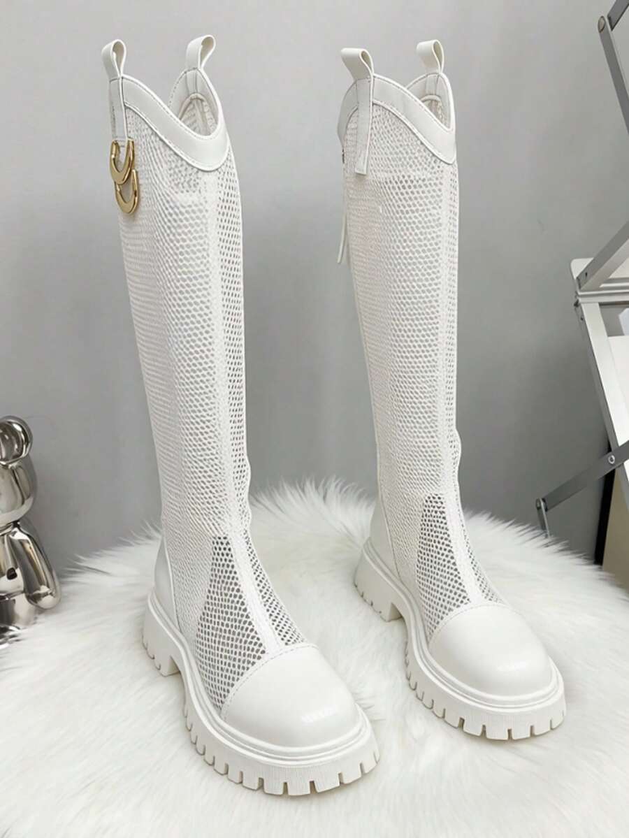 2026 Spring New Arrival Knee-High Boots For Women, Minimalist White Breathable Mesh Thickened Sole Chunky Heel Tall Riding Boots, Plus Size 43 - White - View 1