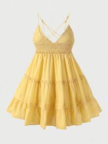 Solid Color Elegant Cute Ruffle Backless Sexy Spaghetti Strap Mini Dress, Party/Vacation/Beach/Date Outfit, Summer Holiday - Mustard Yellow - View 8
