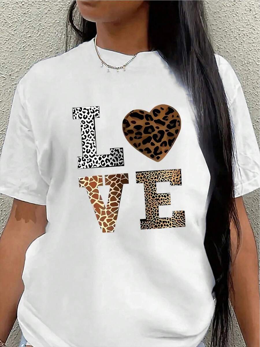 Camiseta de manga corta, ligera y duradera, con un diseño de leopardo con la palabra LOVE, es perfecta para descansar en casa o salir a cenar, lo que la convierte en una opción cómoda para el uso diario.blusas para mujer>ropa - Blanco - Ver 1
