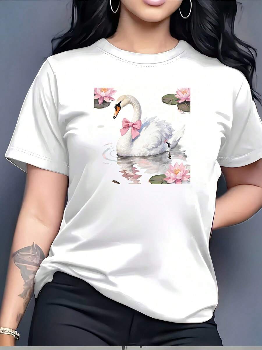 Camiseta de Mujer con Diseño de Cisne de 180g - Patrón de Lirio de Agua, un gran regalo para amigos y familiares, para vacaciones y actividades de-building, versión mejorada con tela cómoda adecuada para todas las estaciones - Camiseta Unisex de Algodón de Manga Corta y Cuello Redondo, Estilo Vintage Urbano. - Blanco - Ver 1