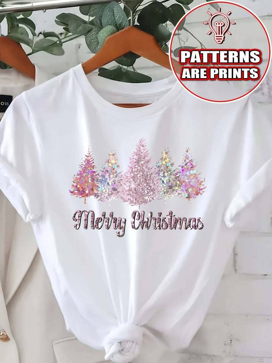 2026Camiseta gráfica de árbol de Navidad para mujer - Lentejuelas de diamantes de imitación brillantes, cuello redondo casual, manga corta, longitud regular, para usar en todas las estaciones, diseño festivo navideño, camisetas de Navidad2026 - Blanco - Ver 1