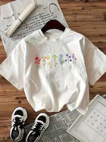 2026Camiseta casual de mujer con cuello redondo y estampado floral vibrante - Transpirable, lavable a máquina, corte holgado para primavera y verano, blanca con diseño de flores coloridas, camisetas para damas2026 - Blanco - Ver 10