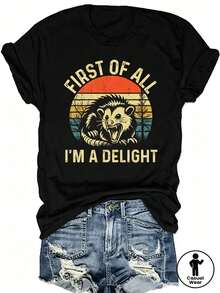 Man Anime Printed T-Shirt For Men - Cute Dragon Design With The Slogan 'First Of All, I'm An Adorable Creature', Loose Fit, Short Sleeve, Round Neck, Summer Casual Wear, Specially Designed For Fans Of Adorable Style. - Black - View 1