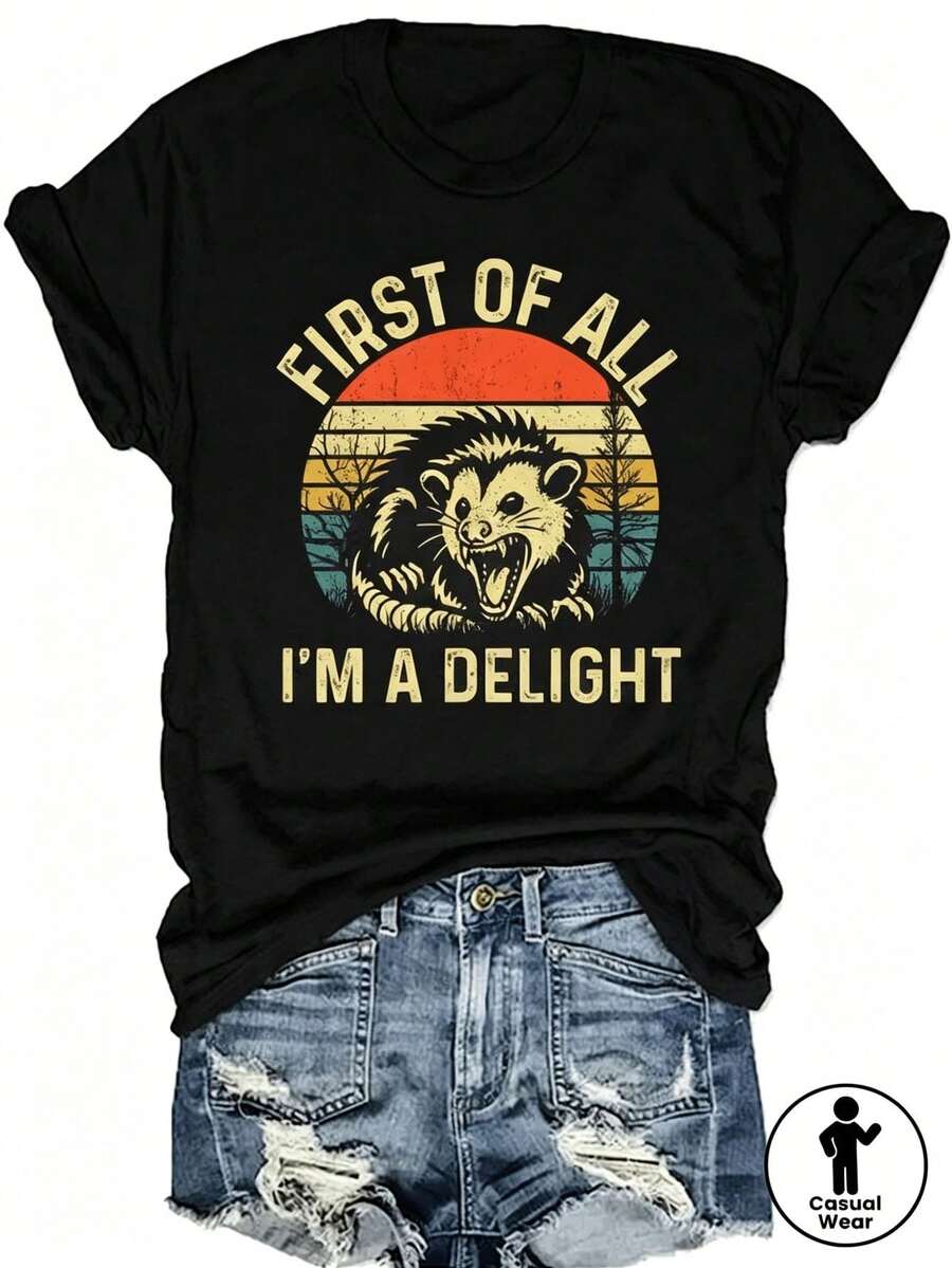Man Anime Printed T-Shirt For Men - Cute Dragon Design With The Slogan 'First Of All, I'm An Adorable Creature', Loose Fit, Short Sleeve, Round Neck, Summer Casual Wear, Specially Designed For Fans Of Adorable Style. - Black - View 1
