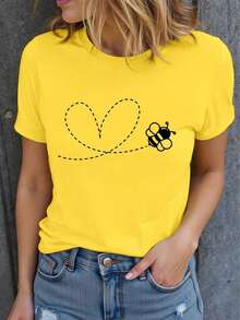 Camiseta de Verano para Mujer Talla Grande con Estampado de Abeja y Corazón, Bonita Camiseta de Manga Corta con Cuello Redondo, Camiseta Gráfica - Amarillo - Ver 1