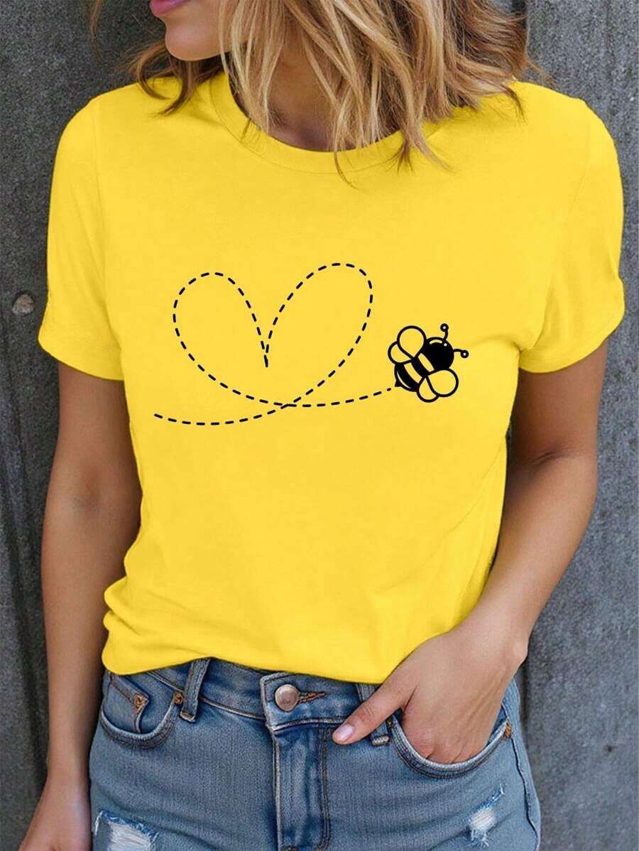 Camiseta de Verano para Mujer Talla Grande con Estampado de Abeja y Corazón, Bonita Camiseta de Manga Corta con Cuello Redondo, Camiseta Gráfica - Amarillo - Ver 1