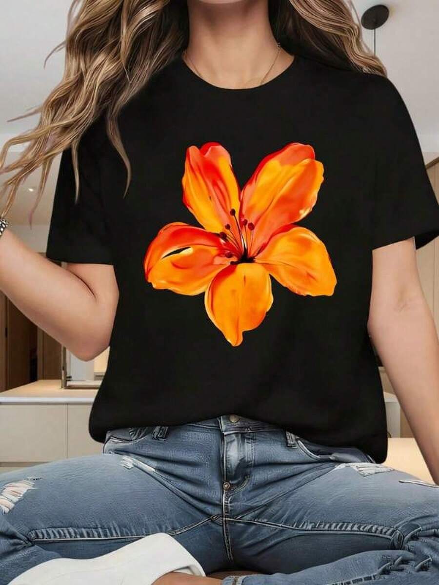 Camiseta de Mujer con Estampado Floral, Diseño de Lirios Naranjas, Top Casual de Verano, Corte Holgado, Camiseta Blanca - Negro - Ver 1