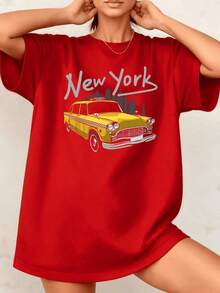 Women's T-Shirt With New York Taxi Graphic Print, Urban Design, 100% Cotton, Crew Neck, Vintage Style, 1 Piece. Excellent Gifts For Friends And Family. Classic Short Sleeve T-Shirt For Holidays. - 紅色 - 查看 7