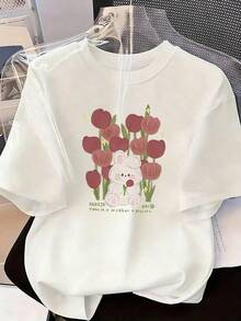 White Rabbit And Wine Tulip T-Shirt, Fashionable Short-Sleeve T-Shirt For Spring/Summer 2026, Made In Mexico, 180 Grams. Cartoon Print, Couple Design, Suitable For Indoor Or Outdoor Wear. Crew Neck, Unisex, Ideal For Office And Leisure. One-Piece Pack. - WH-P631577SLNDXZGY637 - 查看 2