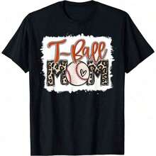 1 Piece Of Women's Casual T-Shirt With "T-Ball Mom" Letter Print, Short Sleeve, Round Neck, Regular Fit, Slightly Elastic, Ted Fabric, 180g, 100% Cotton. - 黑色 - 查看 6