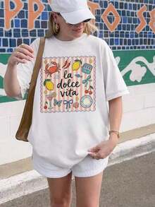 Primavera.1pac.100%cotton.La Dolce Vita T-Shirt Italienisches Küsten-Summer-T-Shirt Niedliches Essen- und Trink-Urlaubsoutfit Amalfi-Küsten-Ästhetik Gift, 100% Baumwolle Damen T-Shirts, 1 Piece Damen Bedrucktes Lässiges Rundhals Kurzarm T-Shirt Damen Oberteile.Grafica Vacanze - Weiss - Übersicht 8