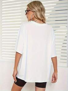 Soft 100% Cotton Short Sleeve T-Shirt With BELIND Print, Plus Size, Round Neck, Breathable, Versatile, Casual Blouse For Women, Women's Blouses, Women's Cotton T-Shirts - 白色 - 查看 3