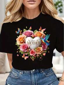 Limited Time Offer, Limited Quantity Available, Lightning, Women's Shirts, Women's T-Shirts. Women's Casual T-Shirt With Floral Heart Print With Butterflies And Birds, "Best Mom", Soft And Comfortable, Gift For Mother's Day Or Birthday. - 黑色 - 查看 1
