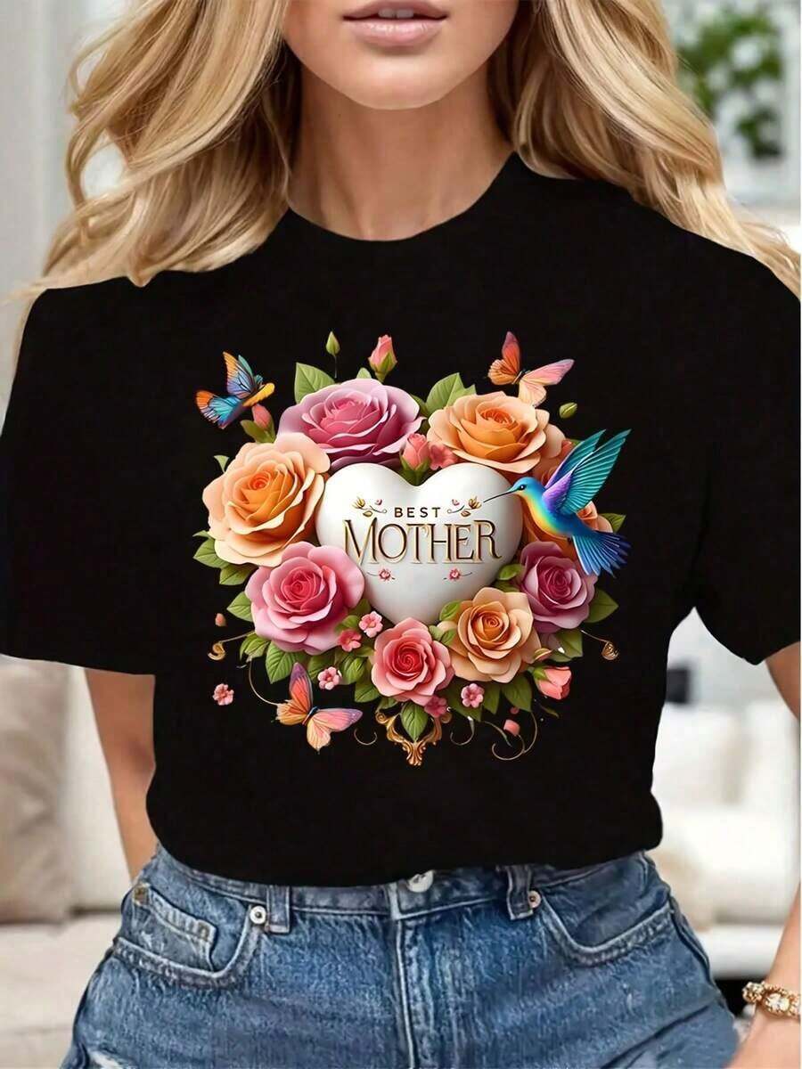 Limited Time Offer, Limited Quantity Available, Lightning, Women's Shirts, Women's T-Shirts. Women's Casual T-Shirt With Floral Heart Print With Butterflies And Birds, "Best Mom", Soft And Comfortable, Gift For Mother's Day Or Birthday. - 黑色 - 查看 1
