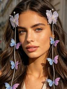 2pcs Fashion Tassel Faux Butterfly Hair Clips, Bridal Headpiece Hair Accessories, Vacation Style Hair Clips, Atmosphere Feeling Hair Clips For Women,Hair Barrettes,Hair Claws - Multicolor - View 4