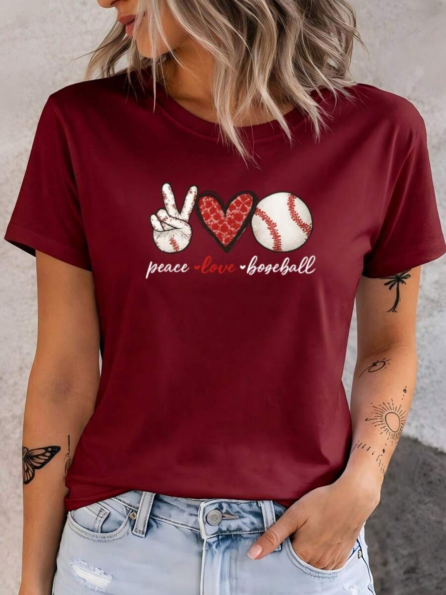 Camiseta casual de verano para mujer, diseñada con motivos de paz, amor y béisbol - cuello redondo, ligeramente elástica, hecha de tela. - Rojo - Ver 1