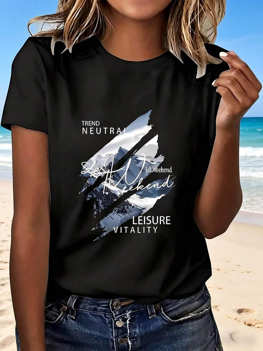 Neutral Weekend Leisure Vitality T Shirt With Fashion Design Outdoor Casual Perfect Choice For Beach Vacation And Travel A Great Gift For Her - 黑色 - 查看 1