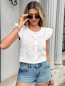Camisa de mujer con botones y mangas cortas con bordado floral, versátil - Blanco - Ver 4