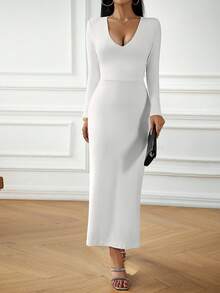 New Women's Autumn Dress, Sexy, V-Neck, Long Sleeve, Fitted Bodycon Cut, Elegant And Flattering Design, Perfect For Dates, Daytime Looks And Casual Occasions - 白色 - 查看 8