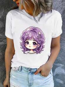 Casual Crew Neck T-Shirt, Plus Size Women's T-Shirt, Printed T-Shirt For Women, Printed With A Cute Cartoon Girl With Purple Hair And Stars - Fun Print, Machine Washable, Casual And Versatile, Loose And Comfortable, A Perfect Gift For A Good Friend. - 白色 - 查看 1