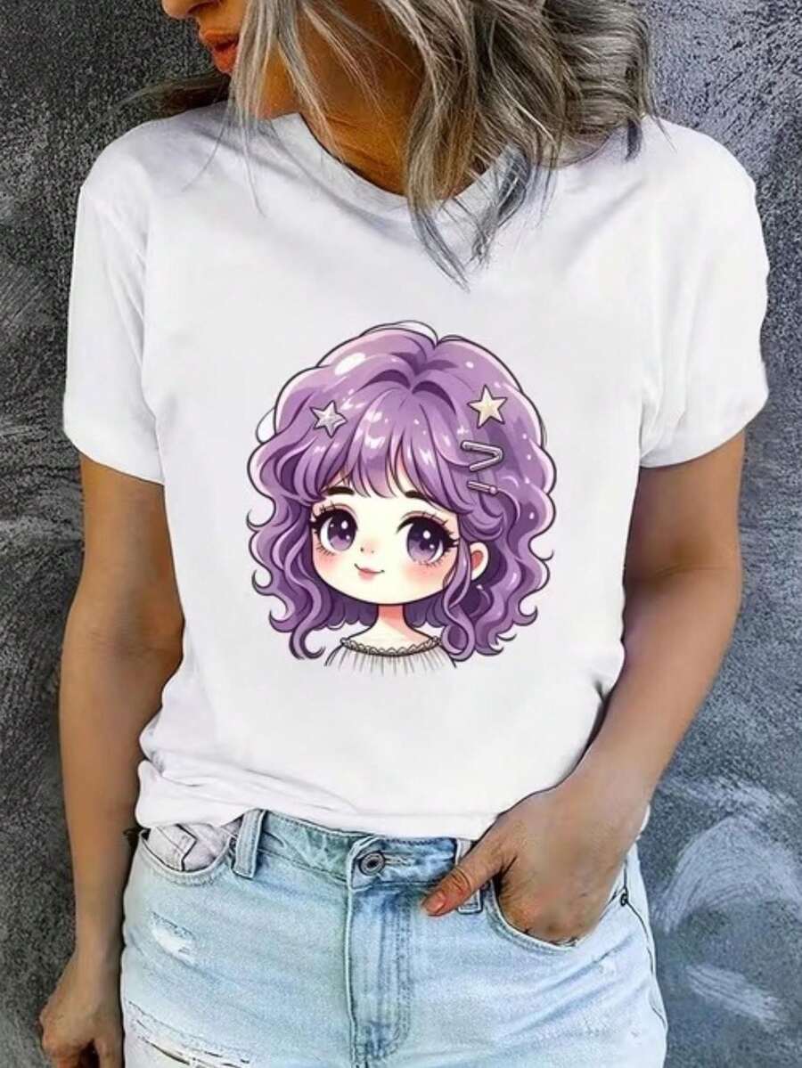 Casual Crew Neck T-Shirt, Plus Size Women's T-Shirt, Printed T-Shirt For Women, Printed With A Cute Cartoon Girl With Purple Hair And Stars - Fun Print, Machine Washable, Casual And Versatile, Loose And Comfortable, A Perfect Gift For A Good Friend. - 白色 - 查看 1