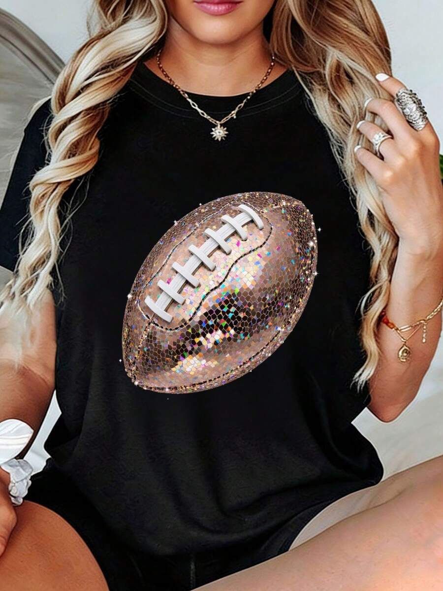 Women's T-Shirt, Loose-Fitting White T-Shirt With Holographic Glitter American Football Print, Round Neck T-Shirt With Bright Rainbow-Colored Print, Breathable Summer Casual Top For Women - The Perfect Gift For Saints Fans. - 黑色 - 查看 1