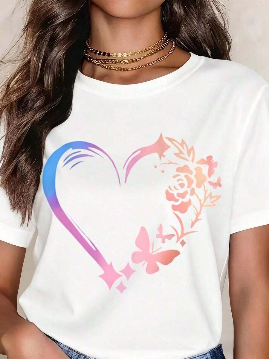 Camiseta de Manga Corta Casual para Mujer con Estampado Floral de Mariposas y Corazones Bohemios, Top de Verano, Camiseta Gráfica de Moda para Mujer, Camiseta de Algodón - Blanco - Ver 1